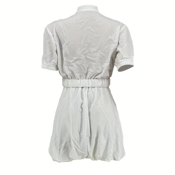 Elegant White A-Line Bubble Dress with Tie Waist - Picture 5 of 5